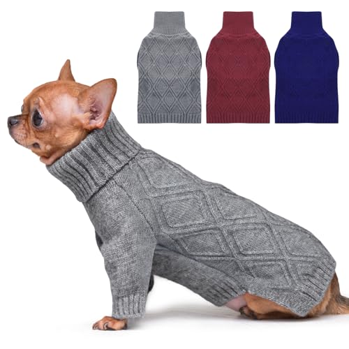 MORVIGIVE Kleiner Hundepullover – Grau, Größe XS – niedlicher gestrickter klassischer Hundepullover für kleine Hunde, Rollkragenpullover, Haustier-Winter-Strickwaren für Chihuahua, Welpen von MORVIGIVE