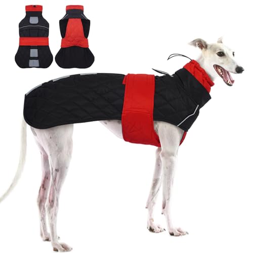 MORVIGIVE Whippet Hundemantel – Rot, für kleine Hunde, Wintermantel mit verstellbaren Bändern, Hunde-Schneemantel für Windhunde, wasserabweisende Hundejacke mit Loch für Geschirr von MORVIGIVE