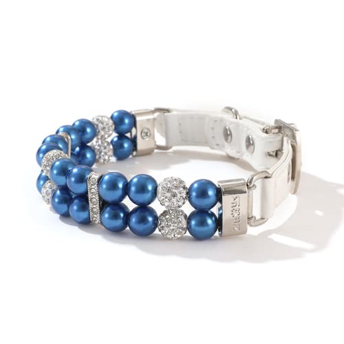 Halsband für Hunde,Hundehalsband mit Perle,Hunde-Katzen-Mode-PU-Leder-Perlenhalsband mit Bling-Strass-Diamant,Verstellbares Chihuahua-Hundehalsband für Hunde,Katzen,blau (S,1.5x29.5cm) von MOTTDAM