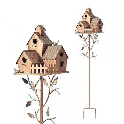 Bird House Stakes für Draußen mit Pole,Distressed Metal Bird House Stand,Metal Wild Bird Feeder, Metall Bird House Pfahl Vogel Häuser für Terrasse, Hinterhof, Garten (E) von MOTUZP