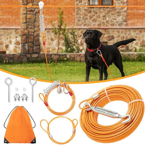 MOTZABO 30,4 m langes Hundeleinenkabel mit 3 m langem Trolley-Kabel für den Hof, robuste Hundeleine für kleine, mittelgroße und große Hunde, Camping, Training, Wandern, Outdoor von MOTZABO