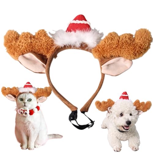 Hundestirnband, Plüschgeweihen Stirnband entzückend mit Hut & Ohr Weihnachts-Stirnband mit elastischer freier Größe Haustier-Weihnachts-Outfit für kleine Hunde, Katze von MOUNTTU