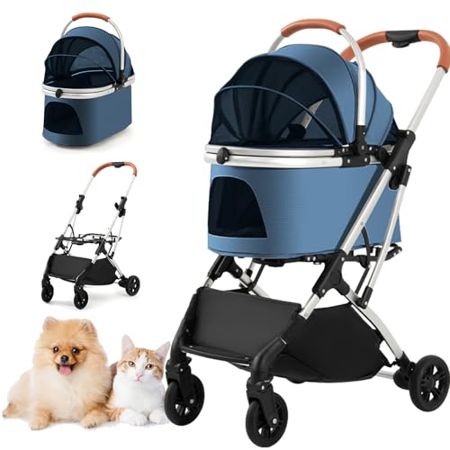 Haustier-Kinderwagen mit 4 Rädern, leicht zusammenklappbar, für kleine und mittelgroße Hunde und Katzen, zusammenklappbar, atmungsaktives und sichtbares Netzgewebe mit Getränkehalter (blau) von MOV COMPRA