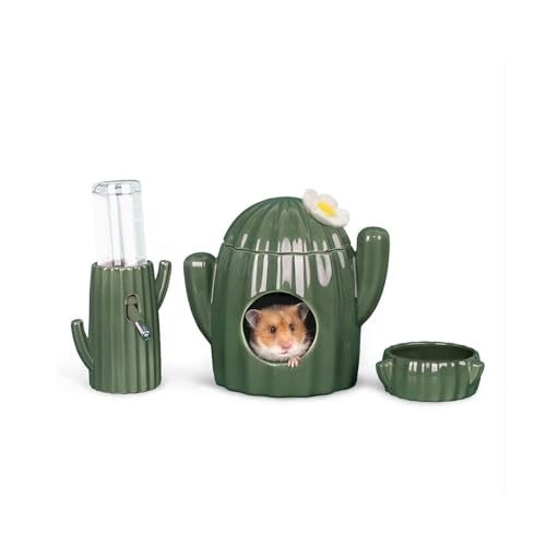 Kaktus-Keramikhaus, Futternapf, Wasserflaschenständer, Halter für syrische Hamster, Rennmäuse, kleine Haustiere, Kleintier-Lebensraum, Hamster-Zubehör (3 Stück) von MOVDARL