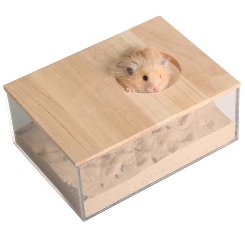 Hamster-Sandbad, Hamster-Sandbaden, Holzabdeckung, transparentes Acryl-Sandbad, Sandbadbehälter für kleine Tiere, Hamster-Zubehör mit Naturholzabdeckung für Hamster, Rennmäuse, rechteckig von MPMLMF