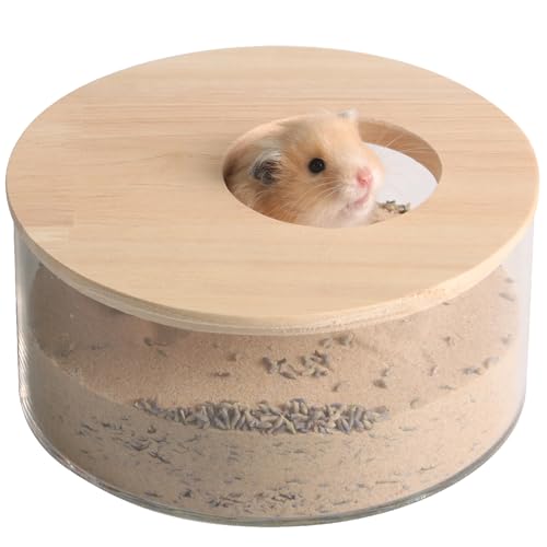 Hamster-Sandbadewanne, Hamster-Sandbad, Holzabdeckung, transparentes Acryl-Sandbad, Kleintiere-Sandbad, Hamster-Zubehör mit natürlicher Holzabdeckung für Hamster, Rennmäuse... (Kreis) von MPMLMF