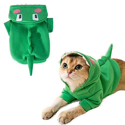 MQQYLBHDS Cartoon Dino Hund Hoodies Halloween Katze Kostüm Haustier Dinosaurier Cosplay Grüner Welpe Kapuzenmantel Hund Warme Kleidung mit Hut Winter Sweatshirt für Katzen und kleine mittelgroße von MQQYLBHDS