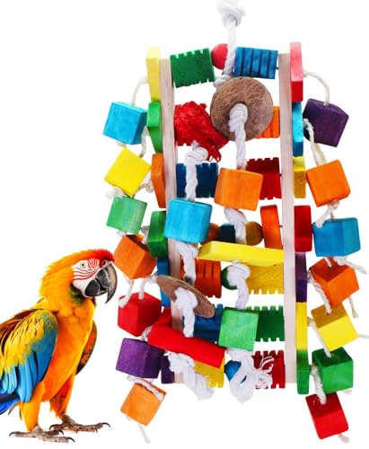 MQUPIN Großer Vogel Papagei Spielzeug, Bunte Holzblock Kauen Papagei Spielzeug in verschiedenen Formen, 22 Zoll natürlichen Holzblock Papageienspielzeug für African Grey Parrot, Vogelspielzeug von MQUPIN