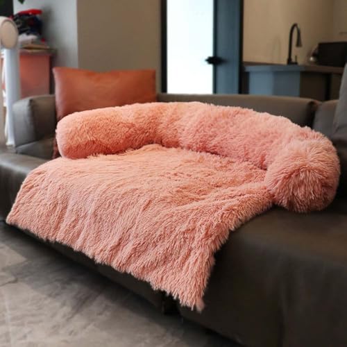 MQXDNFDC Beruhigendes Plüsch-Hundebett, luxuriöse Hundematte, Sofa, Fell-Katzensofa, Haustier-Couch-Möbelschutz mit rutschfester Unterseite, waschbar, weich, warm, Größe L, 90 x 80 x 13 cm, Rosa, XL von MQXDNFDC