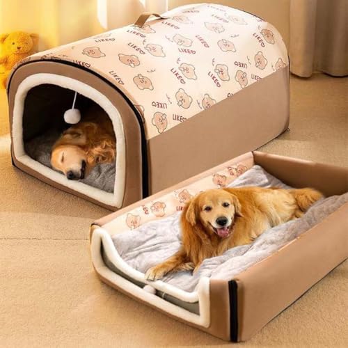 MQXDNFDC Hundehütte, 2-in-1, faltbares, großes Hundebett mit Anti-Angstzuständen, weiches, warmes Kissen, rutschfestes Haustierbett für Hunde, Welpen, Katzen, Kaninchen, abnehmbare, waschbare von MQXDNFDC