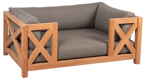 MR. DEKO® Hundebett L Teak mit Kissenset grau | Hundekorb mit Teakholz Vollholz Rahmen 95x75x45 cm (LxBxH) | Massivholz Hundesofa mit 4-teiligen Kissenset | Wohlfühloase für Hund oder Katze von MR. DEKO