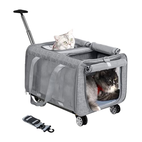 MR.BLACAT Katzentransporttasche für 2 Katzen mit Rollen – 2-in-1 Katzentransportbox Trolley für 2 Katzen,Sicherheitsgurte, atmungsaktives Mesh,kratzfester Stoff – Ideal für Autoreisen,Tierarzt,Camping von MR.BLACAT