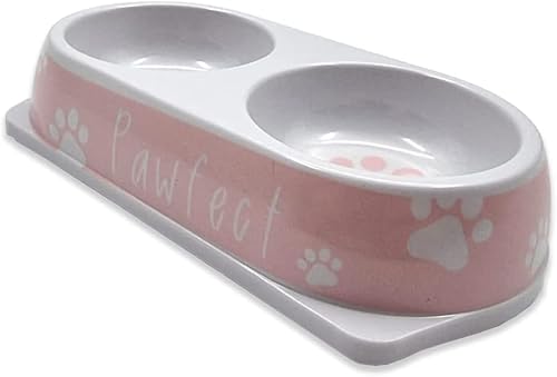 Doppelnapf für Hunde, hoher Rand, Futter- und Wasserbehälter mit Pfotenabdruck-Design und Aufschrift "Pawfect" aus strapazierfähigem Kunststoff, Handwäsche nur 1 Stück (Rosa) von MRDTech