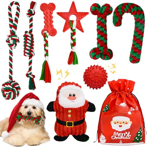 MRSOHRET Weihnachts-Hundespielzeug, 9 Stück, Hundespielzeug, Kauspielzeug für Welpen, Kauspielzeug zum Zahnen mit Geschenktasche, Plüschtiere und Quietschspielzeug, Weihnachtsstrumpffüller für kleine, von MRSOHRET