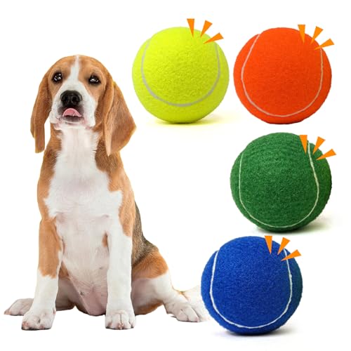 MRYCZ FYRHD Tennisball Hundespielzeug, 4 Stück, 10,2 cm, langlebiger und sicherer Hundeball, Soundausgabe vom Tennisball für Hunde mit Netztasche, große Hunde-Tennisbälle, perfekt für drinnen und von MRYCZ FYRHD