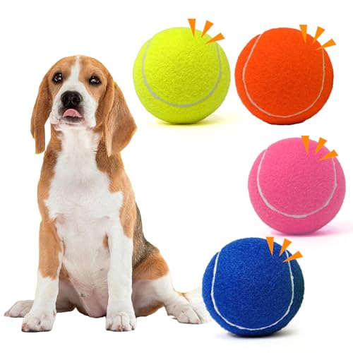 MRYCZ FYRHD Tennisball Hundespielzeug, 4 Stück, 10,2 cm, langlebiger und sicherer Hundeball, Soundausgabe vom Tennisball für Hunde mit Netztasche, große Hunde-Tennisbälle, perfekt für drinnen und von MRYCZ FYRHD