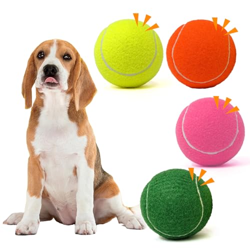 MRYCZ FYRHD Tennisball Hundespielzeug, 4 Stück, 10,2 cm, langlebiger und sicherer Hundeball, Soundausgabe vom Tennisball für Hunde mit Netztasche, große Hunde-Tennisbälle, perfekt für drinnen und von MRYCZ FYRHD