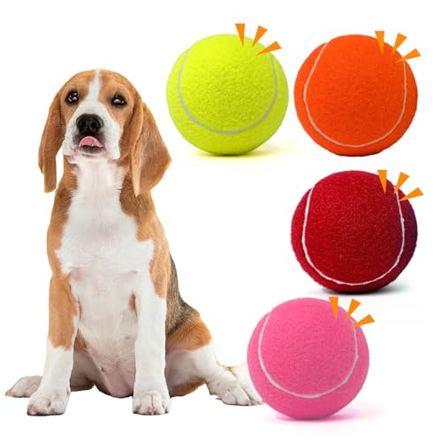 MRYCZ FYRHD Tennisball Hundespielzeug, 4 Stück, 10,2 cm, langlebiger und sicherer Hundeball, Soundausgabe vom Tennisball für Hunde mit Netztasche, große Hunde-Tennisbälle, perfekt für drinnen und von MRYCZ FYRHD