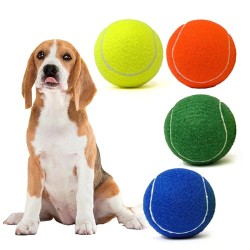 MRYCZ FYRHD Tennisball-Hundespielzeug, 4 Stück, riesig, 10,2 cm, langlebiger und sicherer Apportier-Tennisball für Hunde mit Netztasche, große Hunde-Tennisbälle, perfekt für interaktives Spielen im von MRYCZ FYRHD