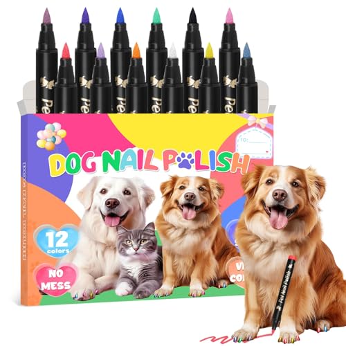 12 Farben Nagellackstifte für Hunde, Schnelltrocknendes Haustier-Nagellack-Set für Hunde zum Selbermachen Stilvoller Hunde-Nagelkunst, Ungiftiger, Hundesicherer Nagellack für Große und Kleine Hunde von MSDADA