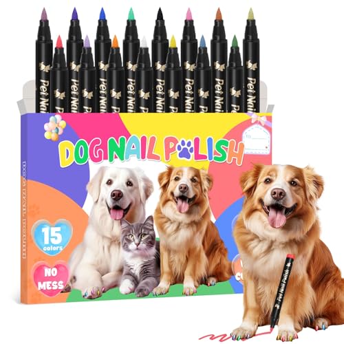 15 Farben Nagellackstifte für Hunde, Schnelltrocknendes Haustier-Nagellack-Set für Hunde zum Selbermachen Stilvoller Hunde-Nagelkunst, Ungiftiger, Hundesicherer Nagellack für Große und Kleine Hunde von MSDADA