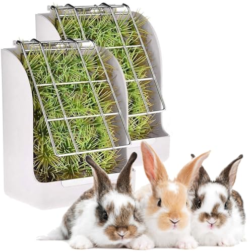 Heu-Futterspender für Kaninchen, Heu, aus Kunststoff, mit Metallgitter, Heufutterbehälter für Kaninchen, Meerschweinchen und andere Kleintiere, lässt sich bequem an jedem Käfig befestigen (weiß), 2 von MSYU