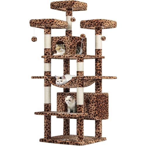 MSmask 170,2 cm großer Katzenbaum, mehrstufiger Katzenturm mit 3 oberen Sitzstangen, 2 Plüschhöhlen, Kratzbäumen, stabiles Aktivitätszentrum mit Pedalen/Hängematte/Federball für Kätzchen/große Katze, von MSmask