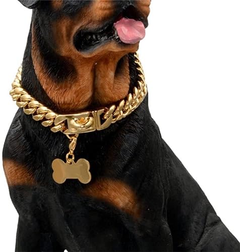 MTRSUE 15MM Gold Ketten Halsband Hund, 18K Karat Vergoldet Fest Rostfreier Stahl Glied, Trainingshalsband Hund mit Design Sicherheitsschnalle Und Hundemarken, (20 Zoll) von MTRSUE