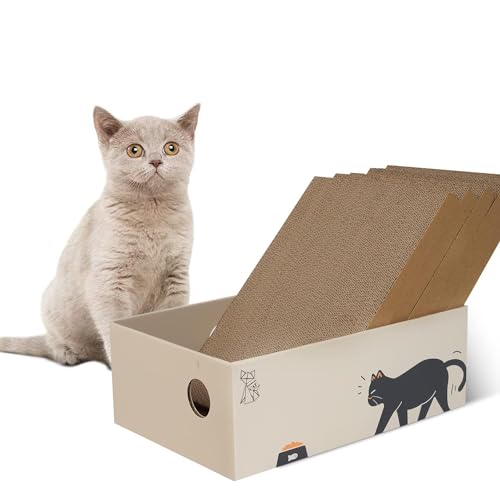 MUAEEOK Katzenkratzer, 5 Stück in 1 Kratzmatte mit Box, natürliche recycelte Wellpappe, strapazierfähig, doppelseitig, wendbar, für 2 x Anwendungen, Katzen-Nachfüllpackung für Innenbereich, braun, von MUAEEOK