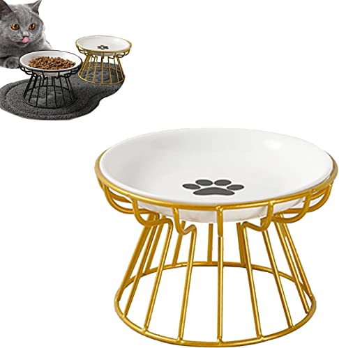 Whisker-Friendly Anti-Vomit Cat Plate, Elevated Cat Bowl, Raised Ceramic Cat Dish with Non Slip Metal Stand, Food & Water Shallow Ceramic Dish, for Indoor Cat and Small Dogs (Gold, Paw Plate) von MUGUOY