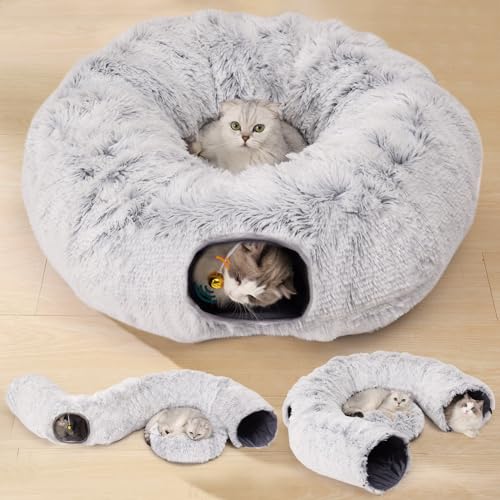 MUTEFLYER Cat Circle Tunnel Bed: Large Fluffy Fuzzy - Hideaway Donut Tube for Indoor Cats - Kitty Round Tunnell, Hemp Grey von MUTEFLYER