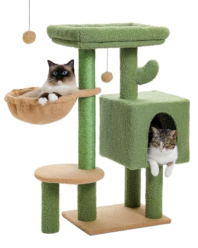 MUTTROS Cactus Katzenbaum, 90 cm, niedlicher Katzenturm, Katzenhütte für Indoor-Katzen mit großer gepolsterter Sitzstange, bequeme Hängematte, Katzenkratzbaum und baumelnder Ball, für kleine und von MUTTROS