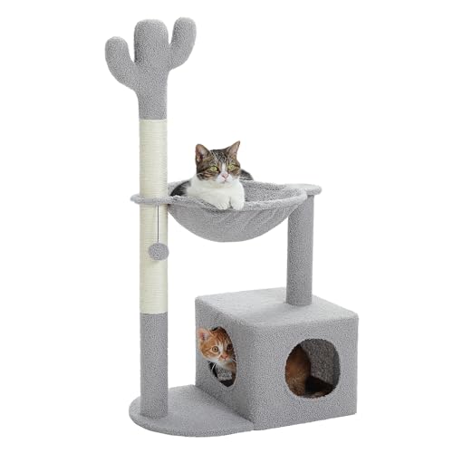 MUTTROS Cactus Kratzbaum für Katzen, 101,6 cm, Katzenturm mit großer Metallteppich-Hängematte, Katzenkratzbaum für Indoor-Katzen mit Höhle und baumelndem Ball, Grau von MUTTROS