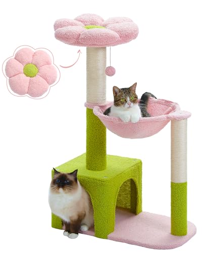 MUTTROS Flower Katzenbaum mit großem Metallrahmen, Hängematte, 93 cm, niedlicher Katzenturm mit Sisal-Kratzbäumen für kleine Indoor-Katzen, Katzenhütte mit rosa Sitzstange für Kätzchen, Rosa von MUTTROS