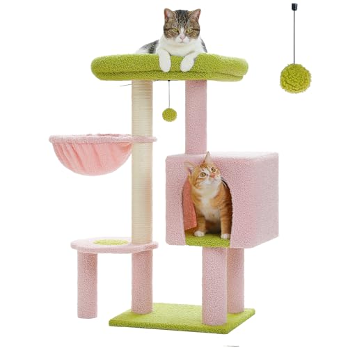 MUTTROS Flower Pink Cat Tree, 90.9 cm Cute Cat Tower Cat Condo for Indoor Cats w/Large Padded Perch, Cat Scratching Post, Comfy Hammock, and Dangling Ball, for Small-Medium Cats, Green von MUTTROS