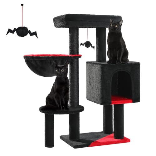 MUTTROS Gothic-Katzenbaum, 89,9 cm, schwarz, Katzenturm, Katzenhütte für Indoor-Katzen mit großem Sarg-Katzenbett, gruselige baumelnde Bälle, Katzenkratzbaum und bequeme Hängematte, für kleine und von MUTTROS