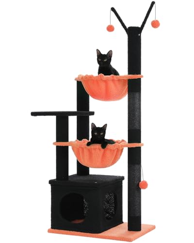 MUTTROS Gothic Katzenbaum mit Sarg Höhle, 120,9 cm Gruseliger Katzenturm, 2 Metallrahmen-Hängematten, Katzenkratzbaum mit 2 abnehmbaren Pompom-Stäben für kleine Indoor-Katzen, Schwarz Halloween von MUTTROS