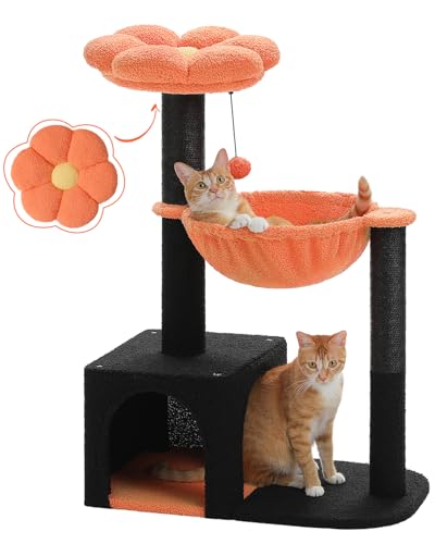 MUTTROS Halloween-Katzenbaum mit gelber Blumen-Sitzstange, schwarze Kratzstämme, 88,9 cm, Sarg-Katzenturm mit großer Hängematte, Katzenhaus für kleine Indoor-Katzen, gelbes Kürbis-Katzenbett für von MUTTROS