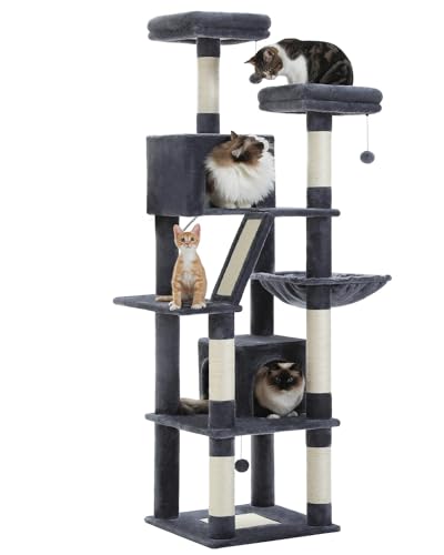 MUTTROS Hoher Katzenbaum 180,1 cm, großer Katzenbaum für Indoor-Katzen, mehrstöckiges Plüsch-Katzenhaus mit 6 Kratzstämmen, 2 Kratzbrettern, 2 Sitzstangen, 2 Höhlen, Hängematte, 2 Pompons, Dunkelgrau von MUTTROS