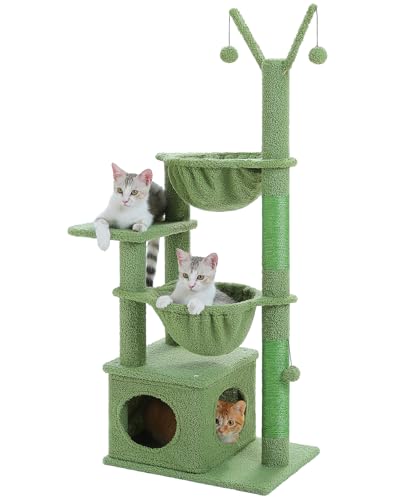 MUTTROS Kaktus Katzenbaum, 120,9 cm Katzenturm mit 2 Metallrahmen-Hängematte, Katzenkratzbaum für Indoor-Katzen mit 2 abnehmbaren Pompon-Sticks für Kätzchen, Grün von MUTTROS