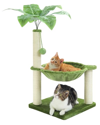 MUTTROS Kleiner Kratzbaum, 71,1 cm Katzenturm mit Sisal-Kratzbäumen AMD Kokosnussblätter für kleine Katzen im Innenbereich, große Hängematte und baumelnder Ball für Kätzchen, Grün von MUTTROS