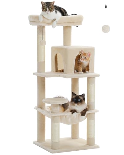 MUTTROS Moderner Katzenbaum, Raketenform, 137,2 cm, Holz, mehrstufig, für Indoor-Katzen, Katzenmöbel mit 3 Höhlen, baumelnde Bälle, Dachbodenstange von MUTTROS