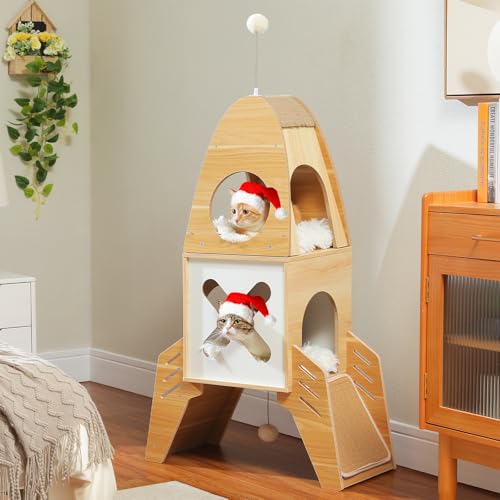 MUTTROS Moderner Katzenbaum Raketenschiff, Holz Katzenturm für Indoor-Katzen, 119,4 cm mehrstufige Holz-Katzenmöbel mit 2 Höhlen, baumelnden Bällen, Sisal-Kratzpads, niedlicher Katzenbaum, von MUTTROS