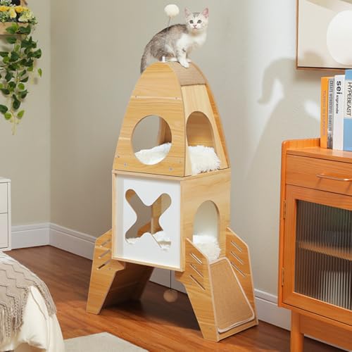 MUTTROS Moderner Katzenbaum in Raketenform, Katzenturm aus Holz für Indoor-Katzen, 119,4 cm, mehrstufig, modernes Katzenmöbel mit 2 Höhlen, baumelnden Bällen, Sisal-Kratzpads von MUTTROS