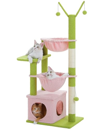 MUTTROS Rosa Katzenbaum, 120,9 cm Katzenturm mit 2 Metallrahmen Hängematte, Katzenkratzbaum für Indoor-Katzen mit 2 abnehmbaren Pompon-Stäben für Kätzchen, Rosa von MUTTROS