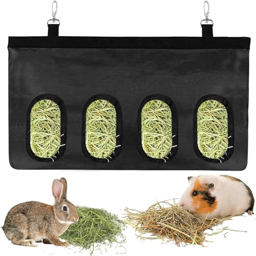 MUU Futtertasche für Kaninchen, Heu, Meerschweinchen, Heubeutel, automatische Futtertasche, hängende Fütterungsheu, mit 4 Löchern für kleine Haustiere, Schwarz von MUU