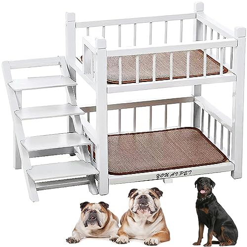 MUUNS Hund Etagenbett klein für kleine mittlere große Hunde Haustier, abnehmbare doppelte Schicht Haustier Bett mit Treppe,Weiß,26x20x28 von MUUNS