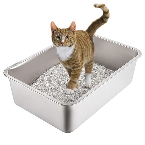 Katzentoilette aus Edelstahl, hop-in Katzen Klo ohne Deckel，Edelstahl Wanne，für Katzen,mit glatter Oberfläche, leicht zu reinigen ，Niemals GerüChe,Mehrere Spezifikationen, Silber (60x40x15cm) von MUYEE