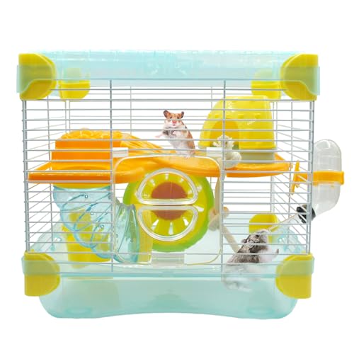 MUYG 2-lagiger Hamsterkäfig mit Röhren, Mauskäfig mit Zubehör, Wasserflasche, Futterschale, transparenter Hamsterlebensraum mit Laufrad für Hamster, Meerschweinchen, Rennmäuse (27,7 x 20,6 x 24,9 cm, von MUYG