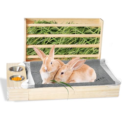 MUYG Kaninchen Heu-Futterstation mit Katzentoilette, 3 in 1 Holz Bunny Feeder Kleintier Heu Halter Rack für Kaninchen, Meerschweinchen, Hamster, Frettchen von MUYG